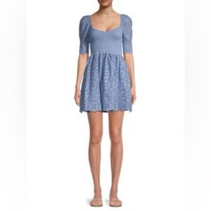 Betsey Johnson - Smocked Eyelet Embroidered Baby Blue   Mini Dress Size Large